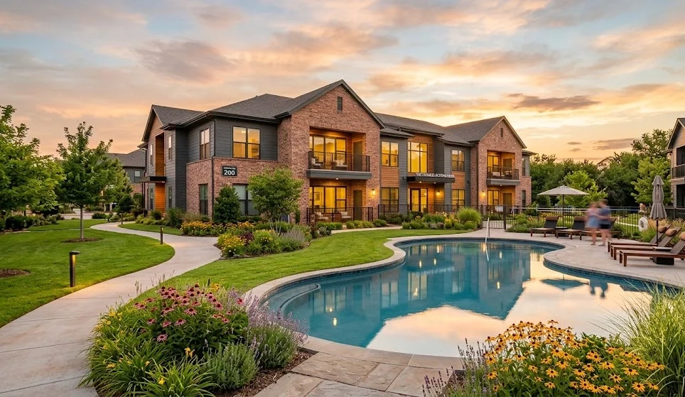Modern brick apartments in Norman, OK, with a luxury swimming pool, lush gardens, and sunset reflections.