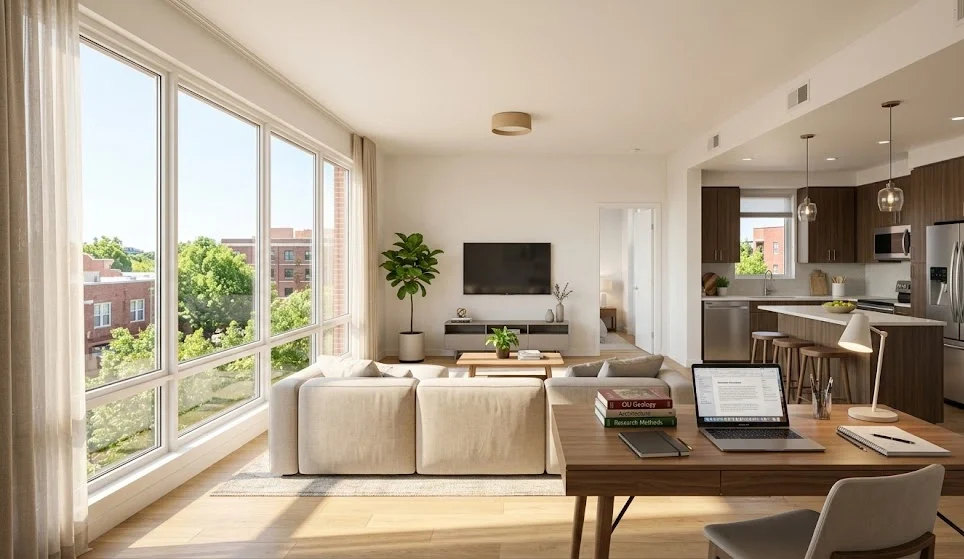 Bright modern living room at Ashton Place Apartments in Norman, OK, featuring a sunny workspace and open-concept kitchen view.