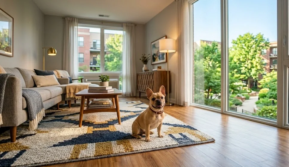 A happy French Bulldog sits on a rug in a sun-filled living room at Ashton Place Apartments, Norman, OK, overlooking a green courtyard.