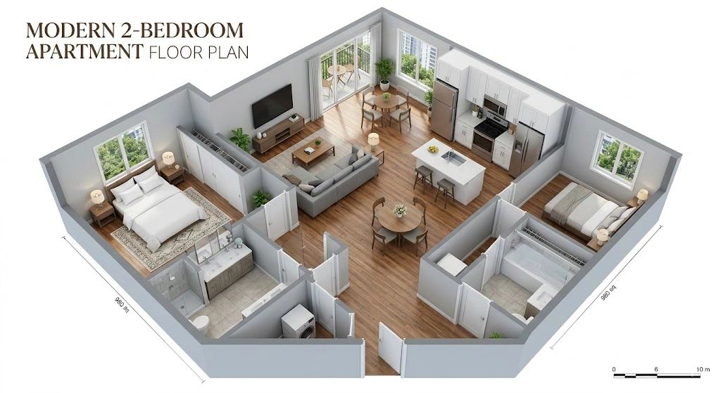 3D isometric floor plan of a modern 2-bedroom apartment at Ashton Place in Norman, OK, featuring wood floors, full kitchen, and furnished layout.
